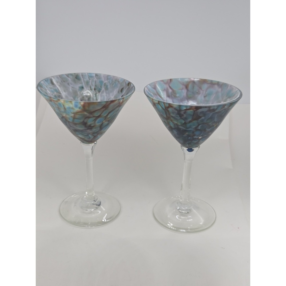 The Glass Forge ET Crater Lake Aqua & Brown Set Of 2 Martini Glasses *Signed*